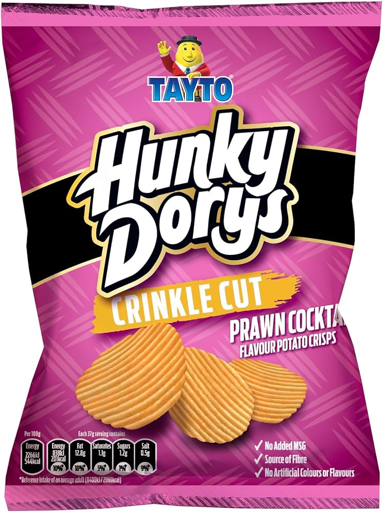 Tayto Hunky Dorys Crinkle Cut Prawn Cocktail Flavoured Potato Crisps.