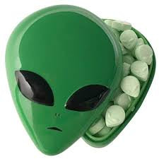 ALIEN HEAD TIN W/ GREEN APPLE SOURS IN DISPLAY