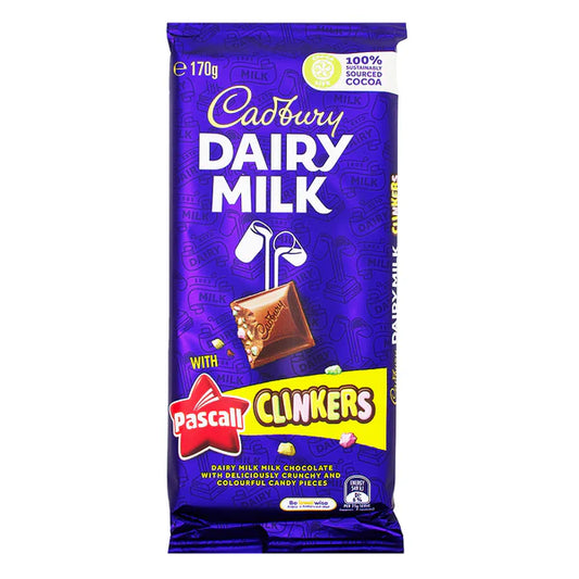 Cadbury Dairy Milk milk chocolate with Pascall Clinkers candy pieces