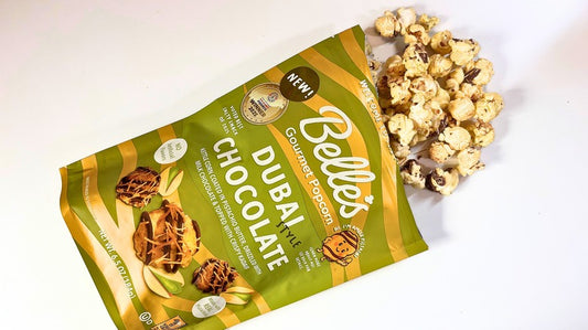 Belle's Gourmet Popcorn in the Dubai Style Chocolate flavor.