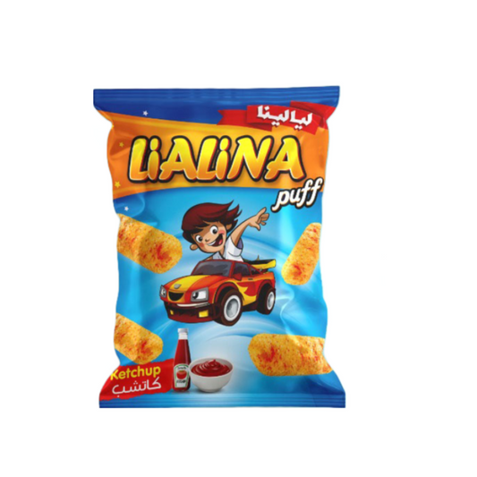 Lialina puffed corn snacks flavored with ketchup
