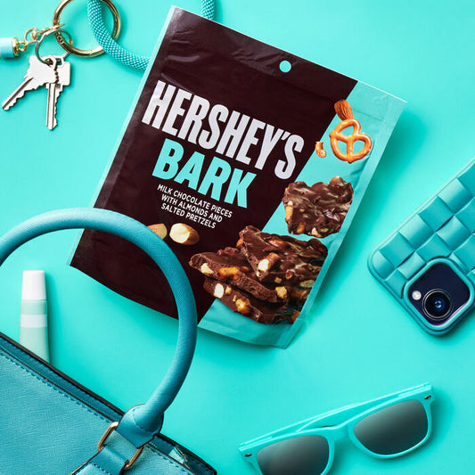 Hershey bark milk chocolate pices with almond and slated pretzels