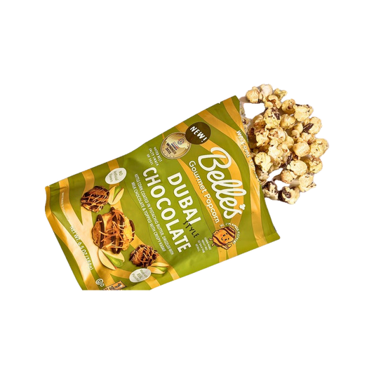 Belle's Gourmet Popcorn in the Dubai Style Chocolate flavor.