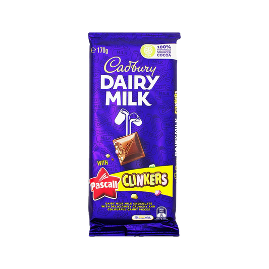 Cadbury Dairy Milk milk chocolate with Pascall Clinkers candy pieces — wrapper