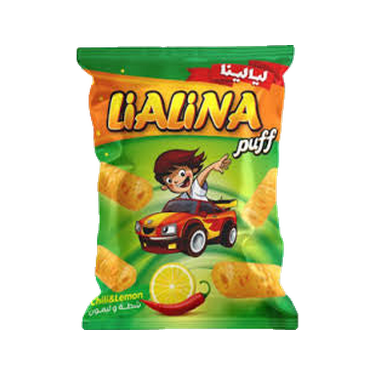 LIA LINA puffed corn snacks, specifically the chili & lemon flavor