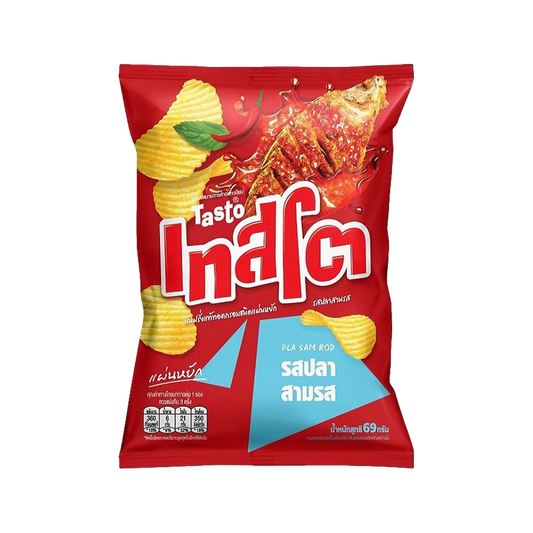 Tasto Pla Sam Rod flavor ridge-cut potato chips — bag