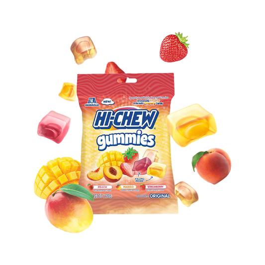 HI-CHEW PEG BAG-ORIGINAL GUMMIES-PEACH, MANGO STRAWBERRY — gummy
