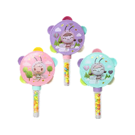 baby rattle or toy with a colorful design featuring a character that resembles a bee or insect, along with clouds, hearts, and mountains